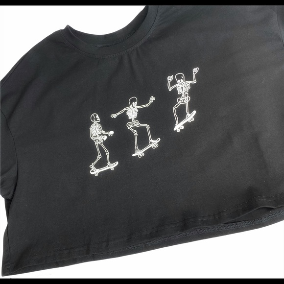 Shein Black Crop Top w/Skateboarding Skeletons - Picture 3 of 6